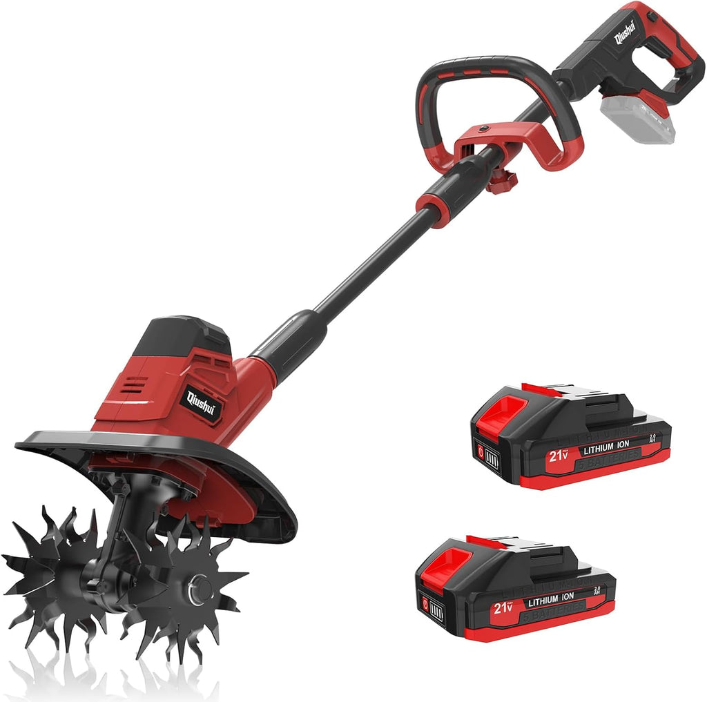 21V Cordless Tiller Cultivator, Lightweight 360RPM Electric Garden Tiller with 2 * 2.0Ah Batteries, 9" Width, 6.6" Depth, 48 Steel Tines Mini Rototiller for Weeding, Gardening & Soil Cultivation Red