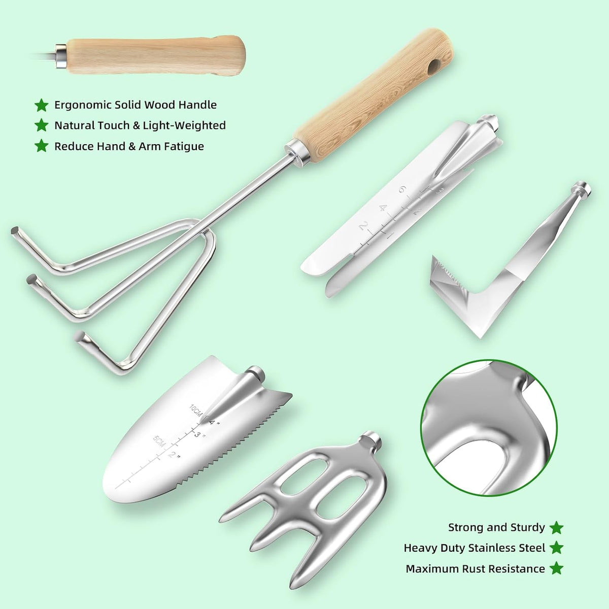 Garden Tools Set, 9-Piece Heavy Duty Gardening Tools with Clear Pocket Tote Bag, Stainless Steel Garden Hand Tools for Digging, Planting, Weeding and Pruning, Durable Gardening Kit