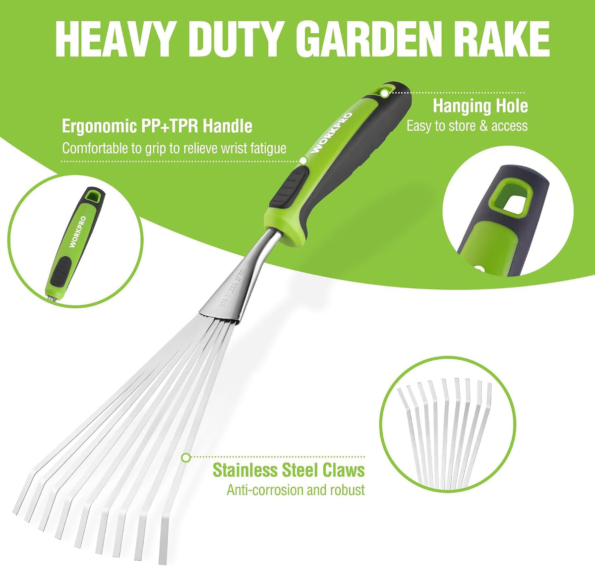 WORKPRO 16" Hand Rake, Garden Rake with Soft Handle
