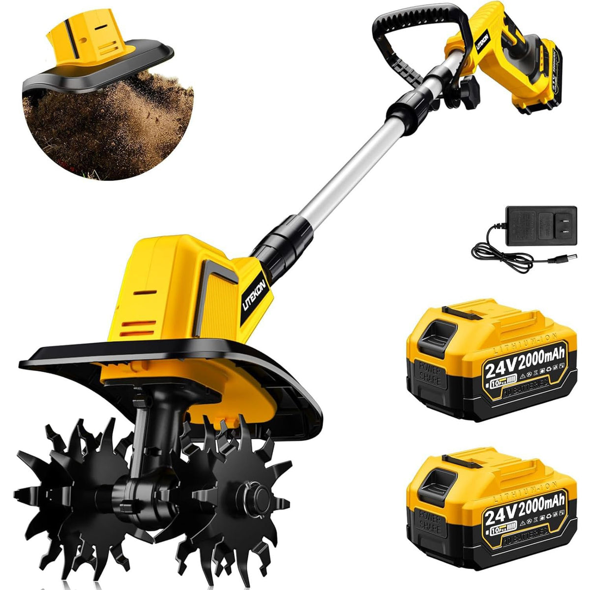 Litekon 24V Cordless Tiller Cultivator, 540RPM with 2 x 2.0AH & 1.5A Fast Charger, High Power Electric Garden Tiller Battery Powered Rototiller with 10In Tilling Width & 7In Depth for Lawn,Gardening