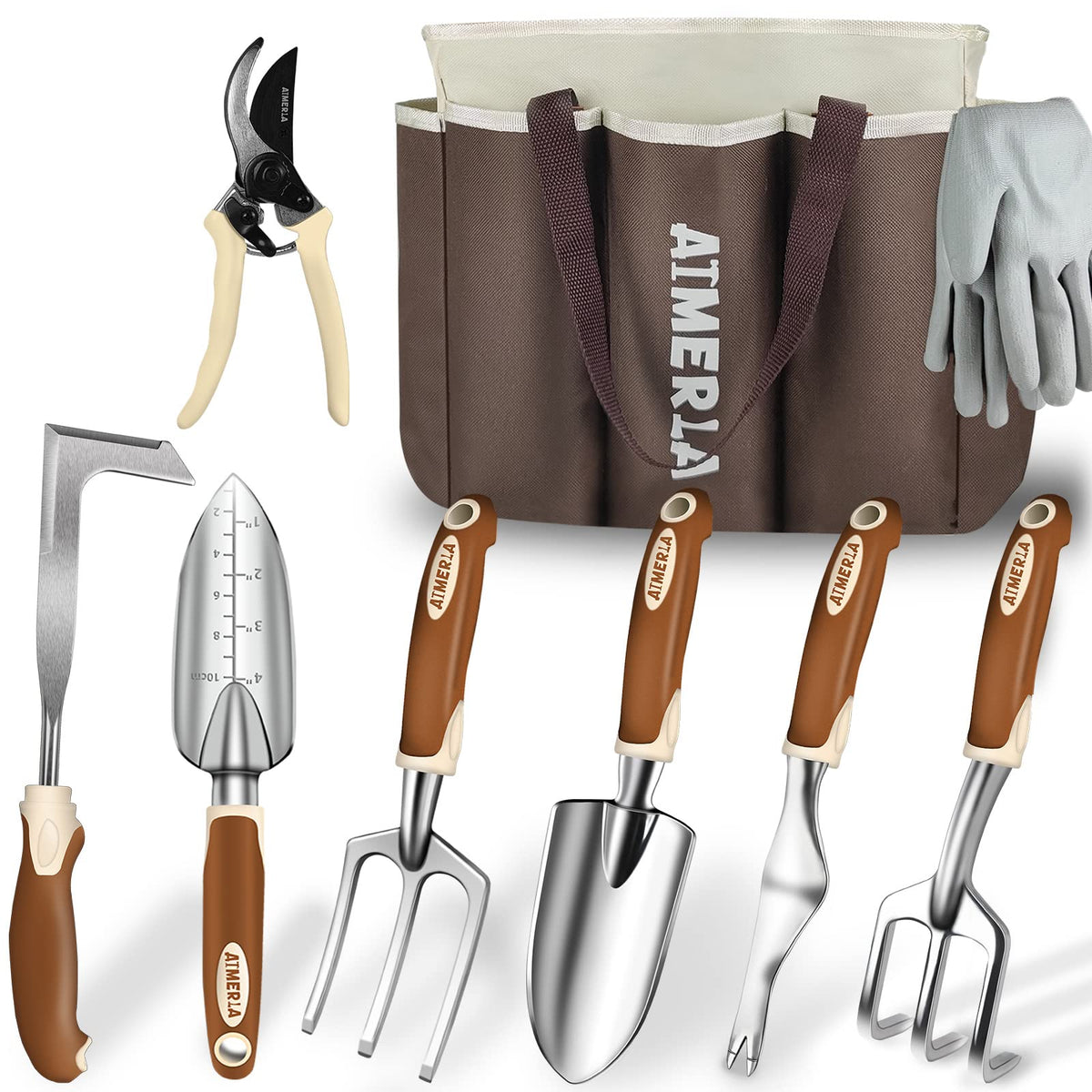Aimerla Gardening Tools Set of 9 Heavy Duty Garden Tools with Non-Slip Rubber Grip with Large Garden Bag for Tools Durable Hand Tools for Gardening, Weeding,Gardening Gifts for Women,Men (Dark Green)