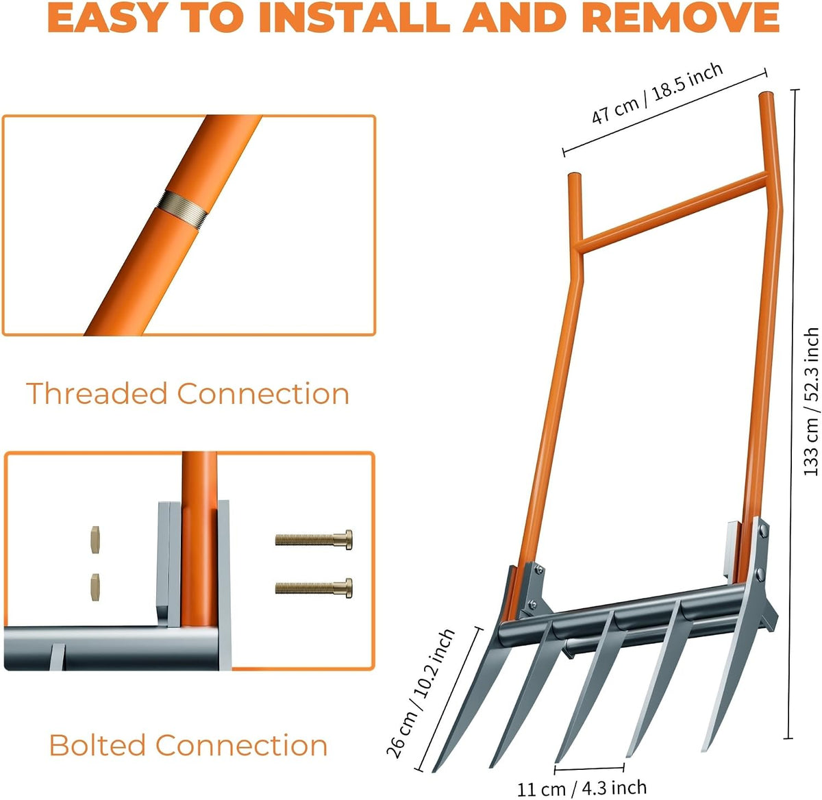 Broadfork Garden-Tool Heavy-Duty Broad Fork - 50cm Wide 5 Tines Digging Fork with Pedals, Robust Durable Garden Fork for Loosening Soil and Weed Removal