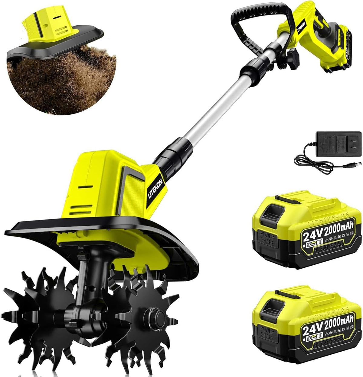 Litekon 24V Cordless Tiller Cultivator, 540RPM with 2 x 2.0AH & 1.5A Fast Charger, High Power Electric Garden Tiller Battery Powered Rototiller with 10In Tilling Width & 7In Depth for Lawn,Gardening