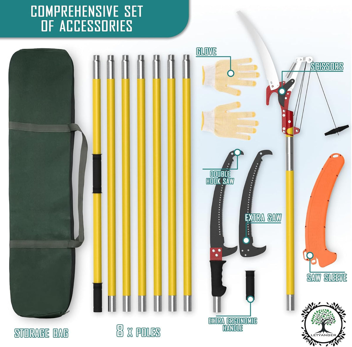 7.3-27FT Extendable Long Handle Pole Saw with Blade and Branch Scissors