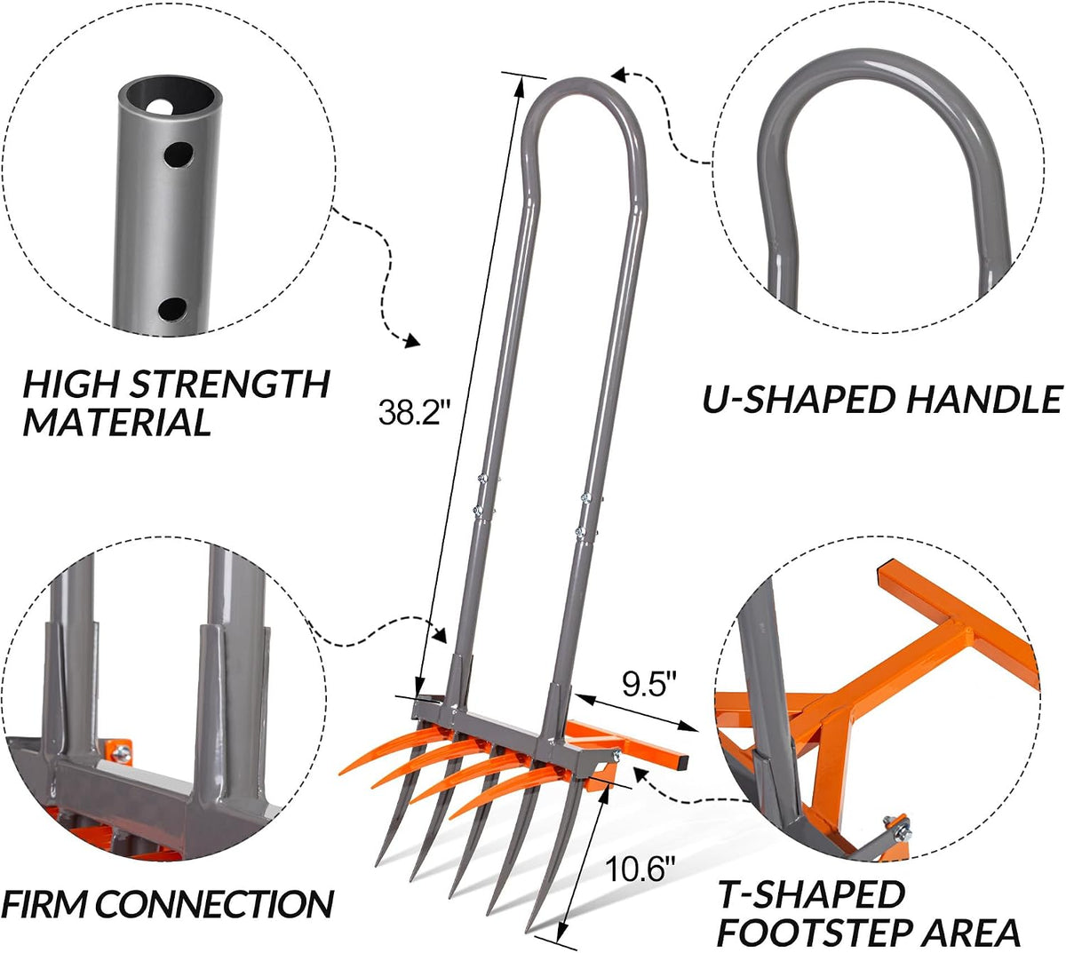 Walensee Broadfork Garden Tool, 9 Tines Heavy Duty Broad Fork Hand Tiller, 2-in-1 Garden Pitchfork with Ergonomic U-Shaped Handle, Spading Digging Fork for Gardening, Cultivating