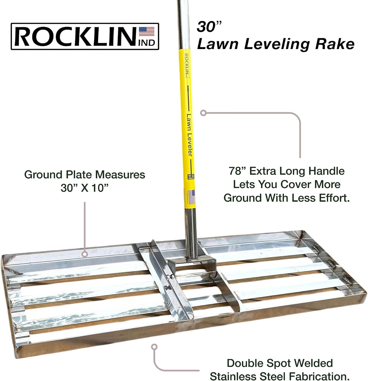 Rocklin™ 30" Lawn Leveling Rake, Stainless Steel, 78" Handle