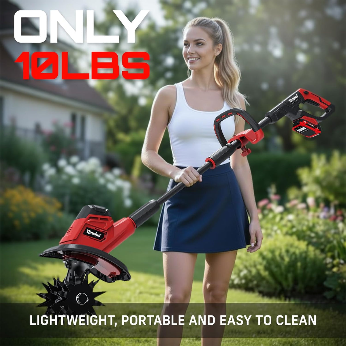 21V Cordless Tiller Cultivator, Lightweight 360RPM Electric Garden Tiller with 2 * 2.0Ah Batteries, 9" Width, 6.6" Depth, 48 Steel Tines Mini Rototiller for Weeding, Gardening & Soil Cultivation Red