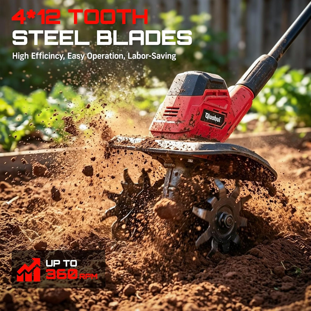21V Cordless Tiller Cultivator, Lightweight 360RPM Electric Garden Tiller with 2 * 2.0Ah Batteries, 9" Width, 6.6" Depth, 48 Steel Tines Mini Rototiller for Weeding, Gardening & Soil Cultivation Red