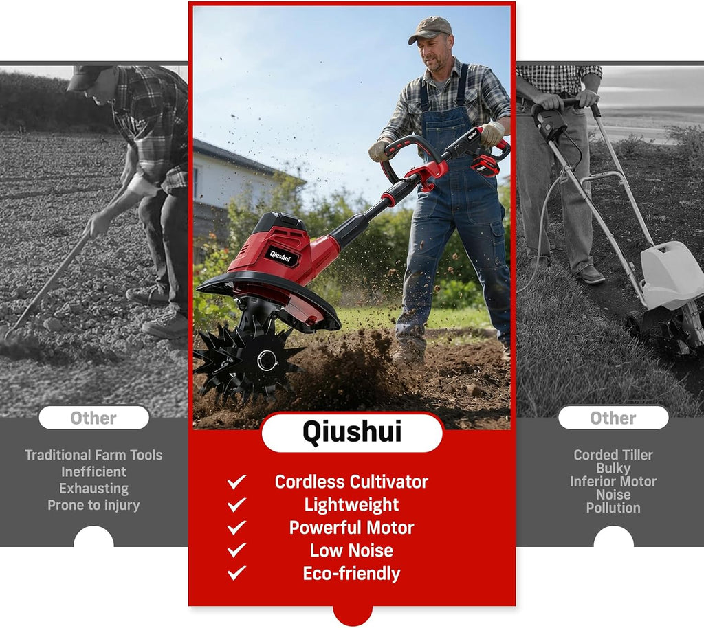 21V Cordless Tiller Cultivator, Lightweight 360RPM Electric Garden Tiller with 2 * 2.0Ah Batteries, 9" Width, 6.6" Depth, 48 Steel Tines Mini Rototiller for Weeding, Gardening & Soil Cultivation Red