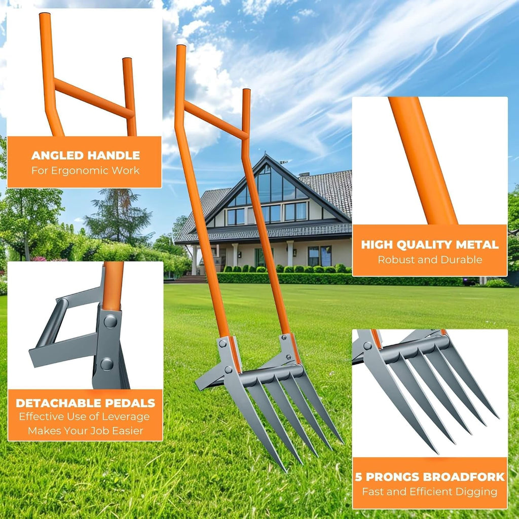 Broadfork Garden-Tool Heavy-Duty Broad Fork - 50cm Wide 5 Tines Digging Fork with Pedals, Robust Durable Garden Fork for Loosening Soil and Weed Removal