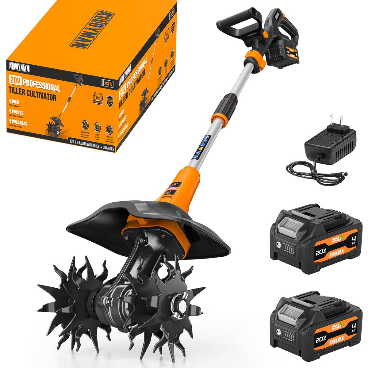 Alloyman 20V Cordless Tiller Cultivator, 360RPM Electric Garden Tiller, with 2 * 4.0Ah Batteries & Charger, 9In Tilling Width and 6.6In Depth Garden Rototiller for Lawn/Gardening/Soil Cultivation