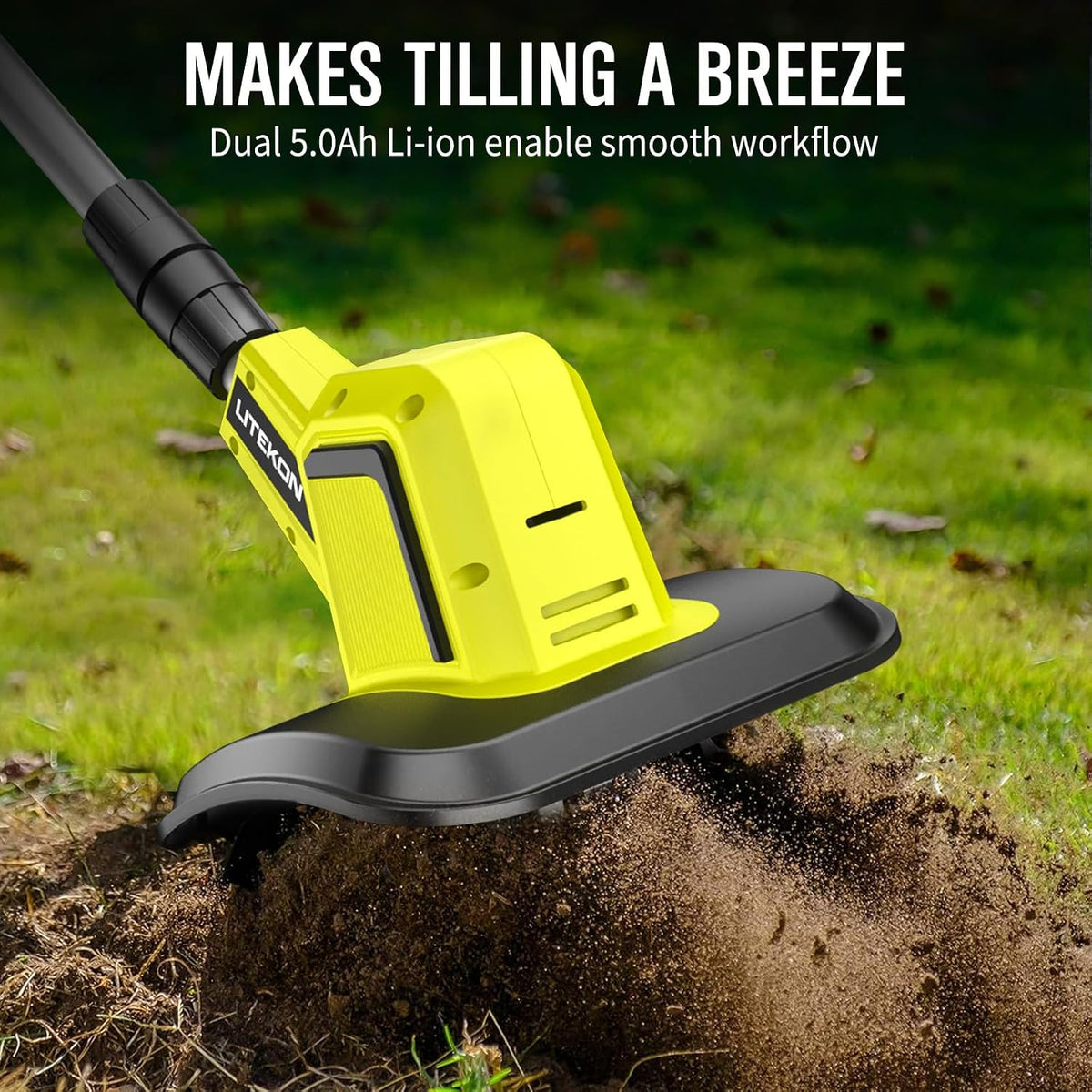 Litekon 24V Cordless Tiller Cultivator, 540RPM with 2 x 2.0AH & 1.5A Fast Charger, High Power Electric Garden Tiller Battery Powered Rototiller with 10In Tilling Width & 7In Depth for Lawn,Gardening