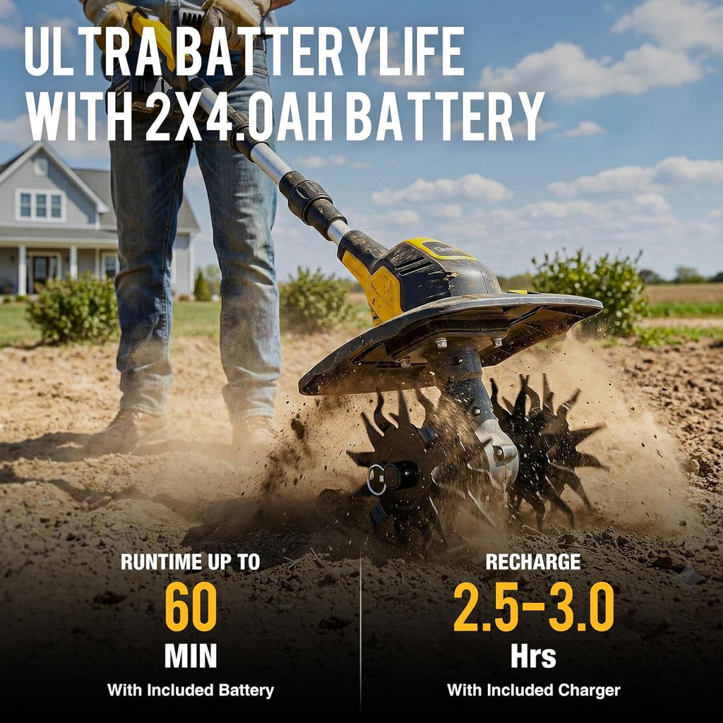 20V Cordless Tiller Cultivator, with 2 * 4.0Ah Batteries & Charger