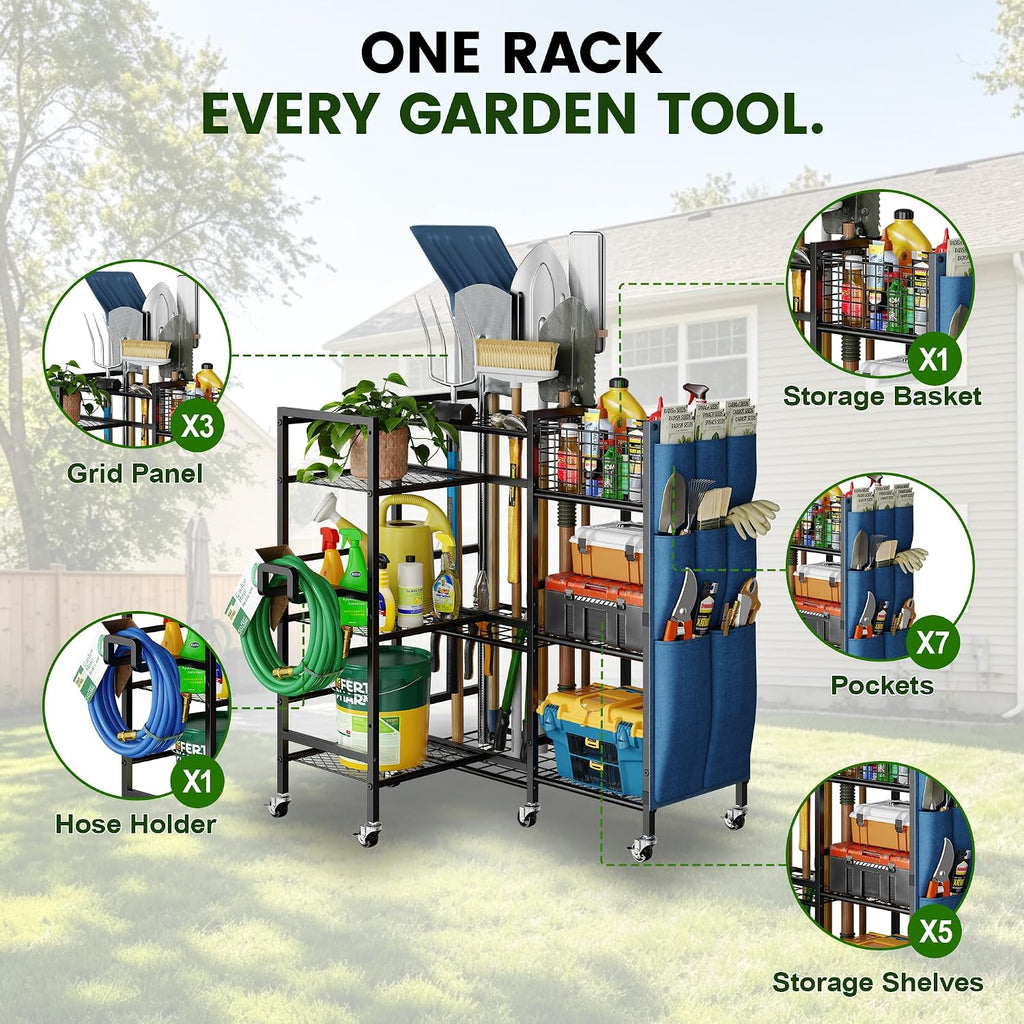 keomaisyto 3-Sided Garden Tool Organizer with Wheels, Garage Storage Rack
