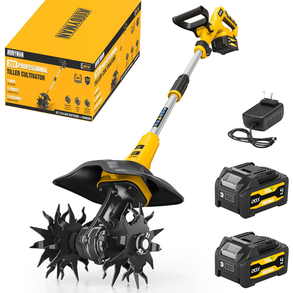 Alloyman 20V Cordless Tiller Cultivator, 360RPM Electric Garden Tiller, with 2 * 4.0Ah Batteries & Charger, 9In Tilling Width and 6.6In Depth Garden Rototiller for Lawn/Gardening/Soil Cultivation