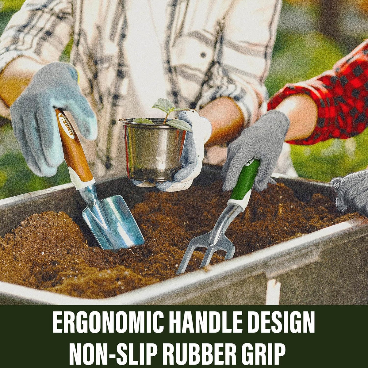 Aimerla Gardening Tools Set of 9 Heavy Duty Garden Tools with Non-Slip Rubber Grip with Large Garden Bag for Tools Durable Hand Tools for Gardening, Weeding,Gardening Gifts for Women,Men (Dark Green)